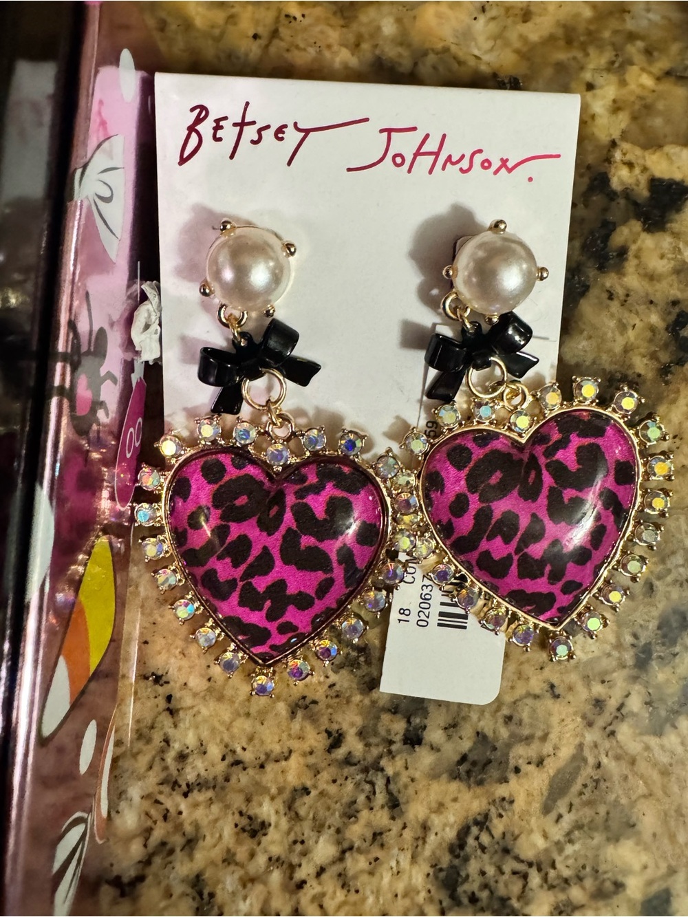 Betsey Johnson Hot Pink Leopard Heart Drop Earrings with Pearl Tops